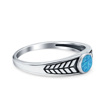 Oxidize Petite Dainty Ring Round Lab Created Blue Opal 925 Sterling Silver